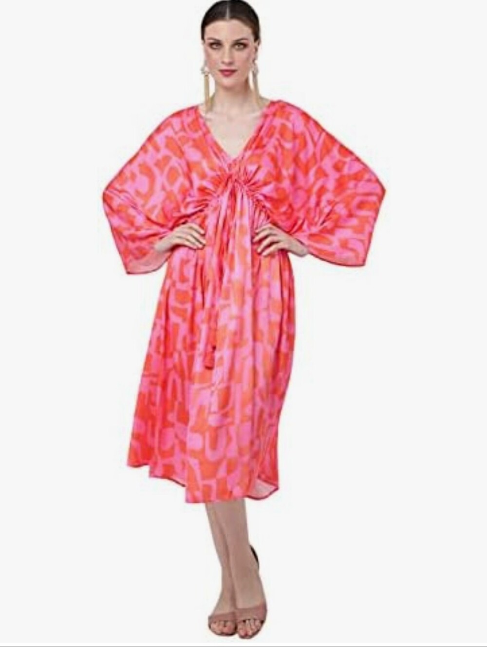 Miss Lavish NEW Size XL: Vibrant Pink-Orange Printed Midi Kaftan Dress